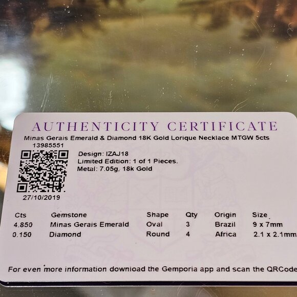 Emerald & Diamond 18 k Gold Lorique Necklace, Certificate of Authenticity - Picture 7 of 12